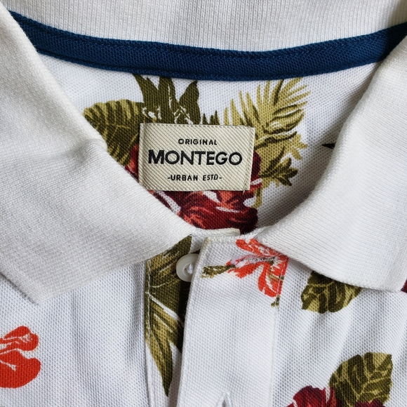 Montego Polo Shirt Men's Hawaiian Floral Pattern White Size - Picture 2 of 3